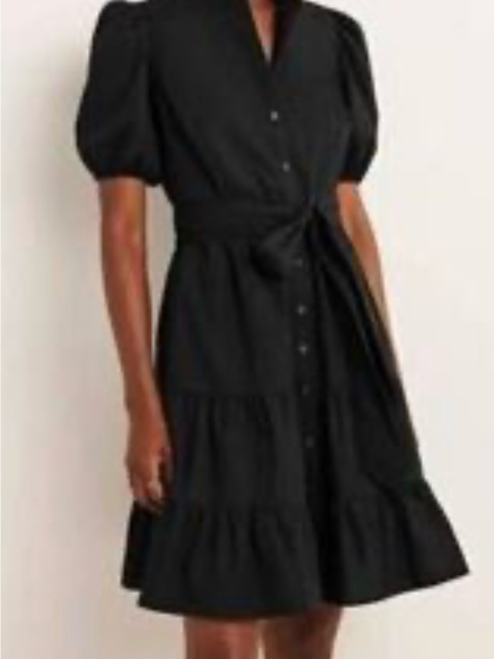 Boden Black Puff-Sleeve Button-Front Mini Dress with Self-Tie Waist